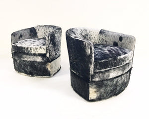 Milo Baughman Wheeled Slipper Chairs Restored and Reupholstered in Black and White Speckled Brazilian Cowhide