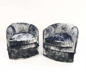 Milo Baughman Wheeled Slipper Chairs Restored and Reupholstered in Black and White Speckled Brazilian Cowhide
