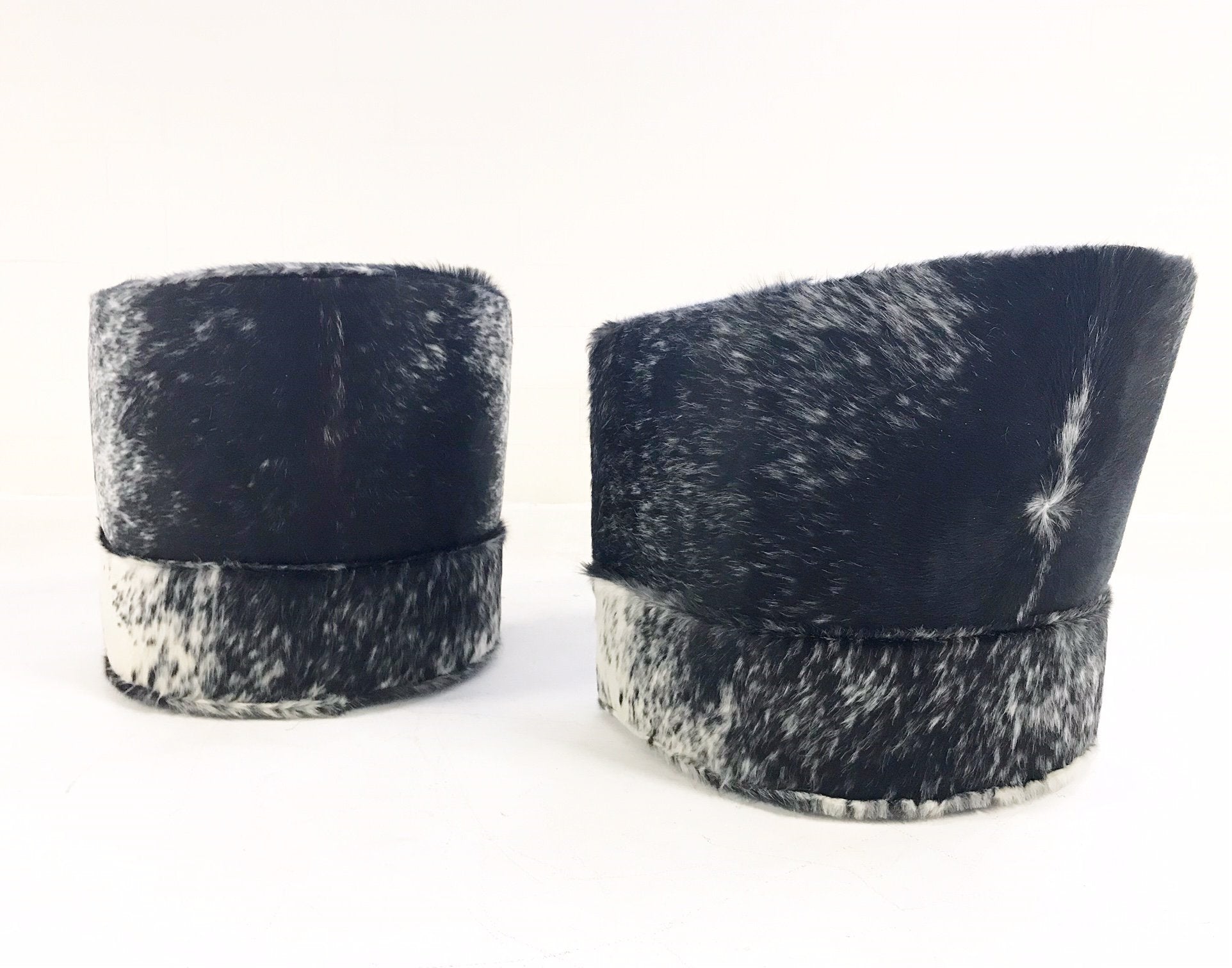 Milo Baughman Wheeled Slipper Chairs Restored and Reupholstered in Black and White Speckled Brazilian Cowhide