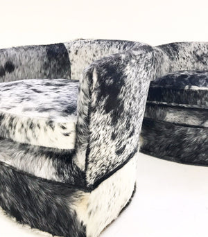 Milo Baughman Wheeled Slipper Chairs Restored and Reupholstered in Black and White Speckled Brazilian Cowhide