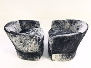 Milo Baughman Wheeled Slipper Chairs Restored and Reupholstered in Black and White Speckled Brazilian Cowhide