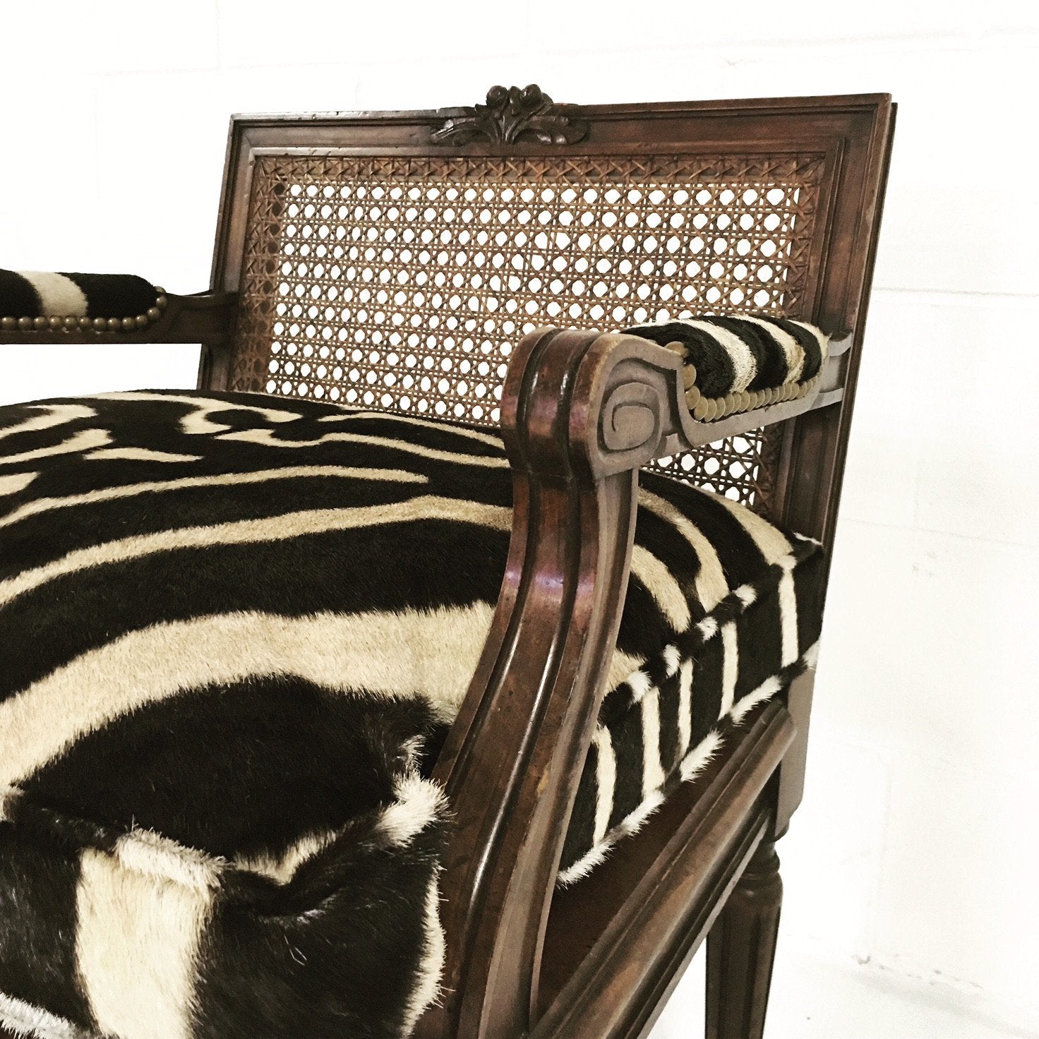 FRENCH LOUIS XVI STYLE BOUDOIR CHAIR WITH CANED BACK AND SEAT AND CUSTOM ZEBRA HIDE CUSHION