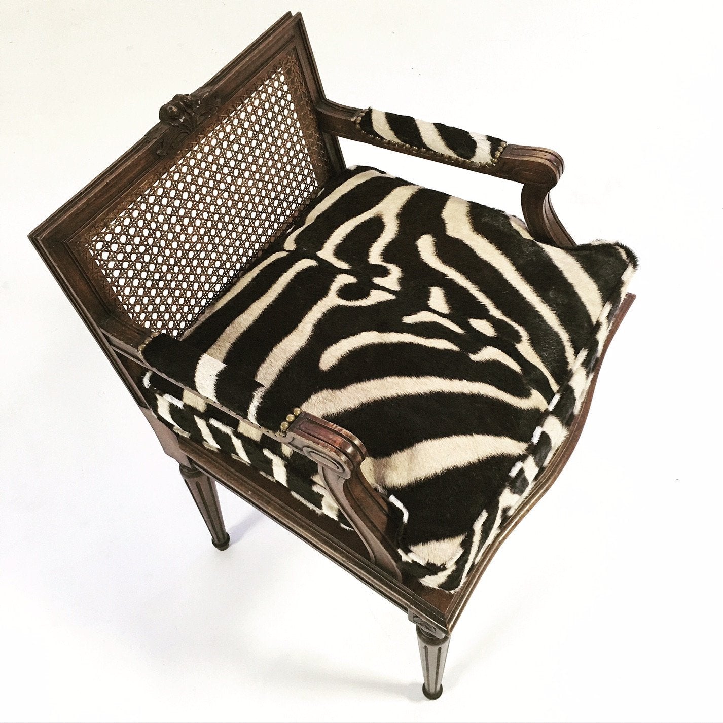 FRENCH LOUIS XVI STYLE BOUDOIR CHAIR WITH CANED BACK AND SEAT AND CUSTOM ZEBRA HIDE CUSHION
