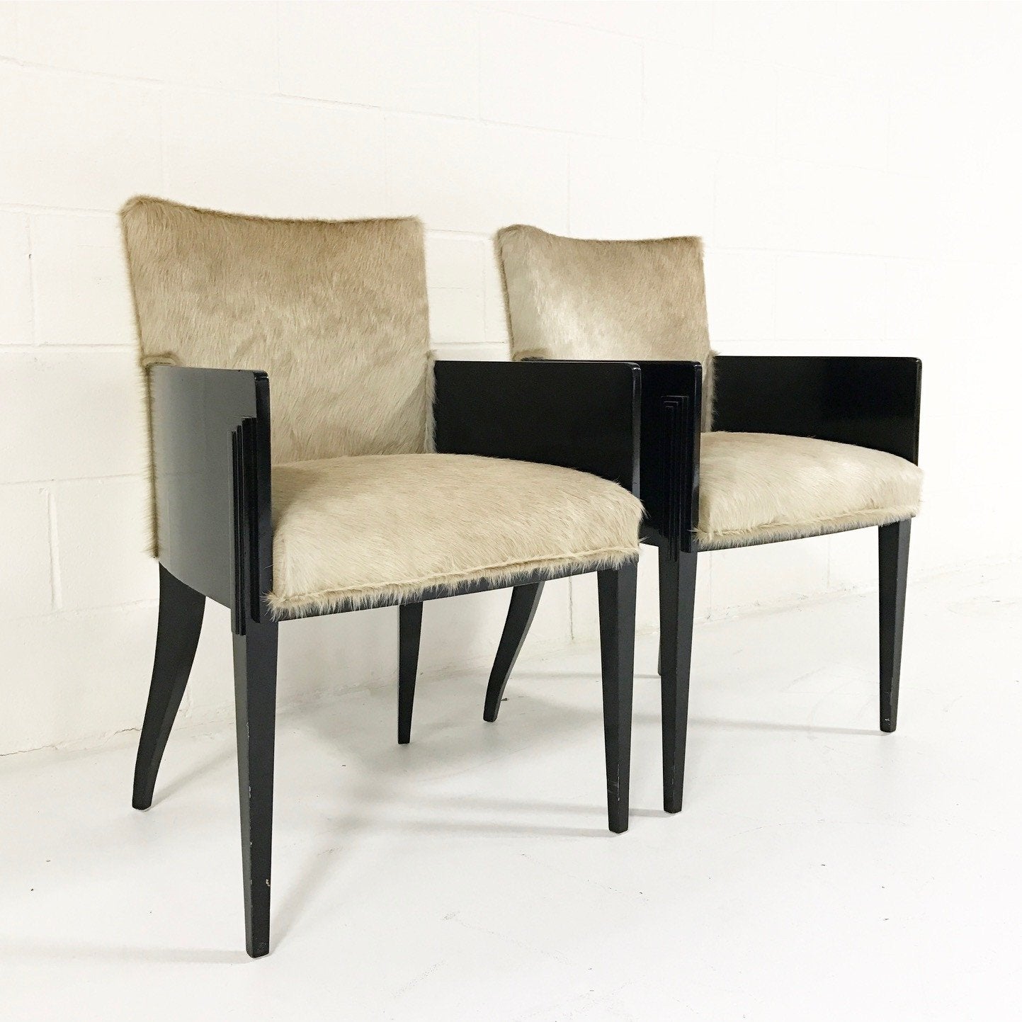 Pair of Art Deco Black Lacquered Chairs in Brazilian Cowhide