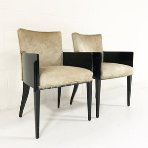 Pair of Art Deco Black Lacquered Chairs in Brazilian Cowhide