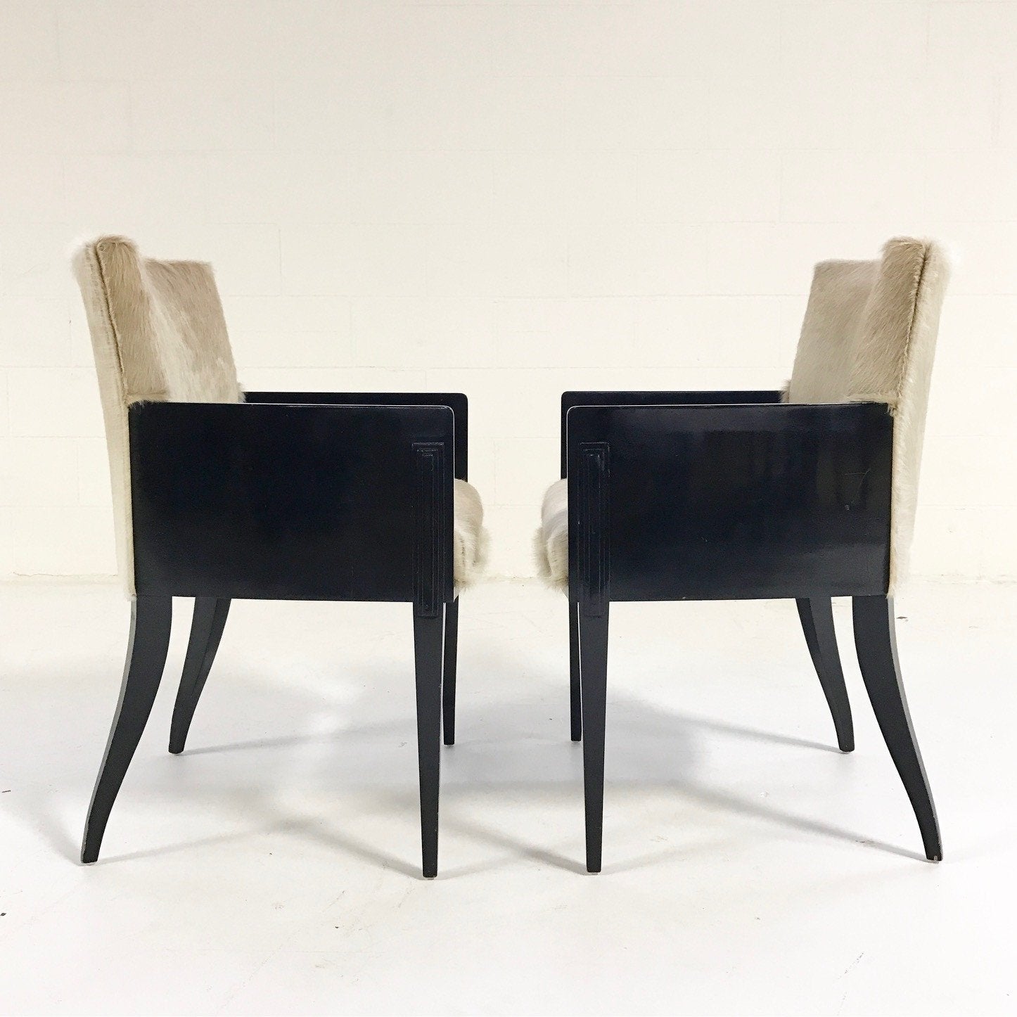 Pair of Art Deco Black Lacquered Chairs in Brazilian Cowhide