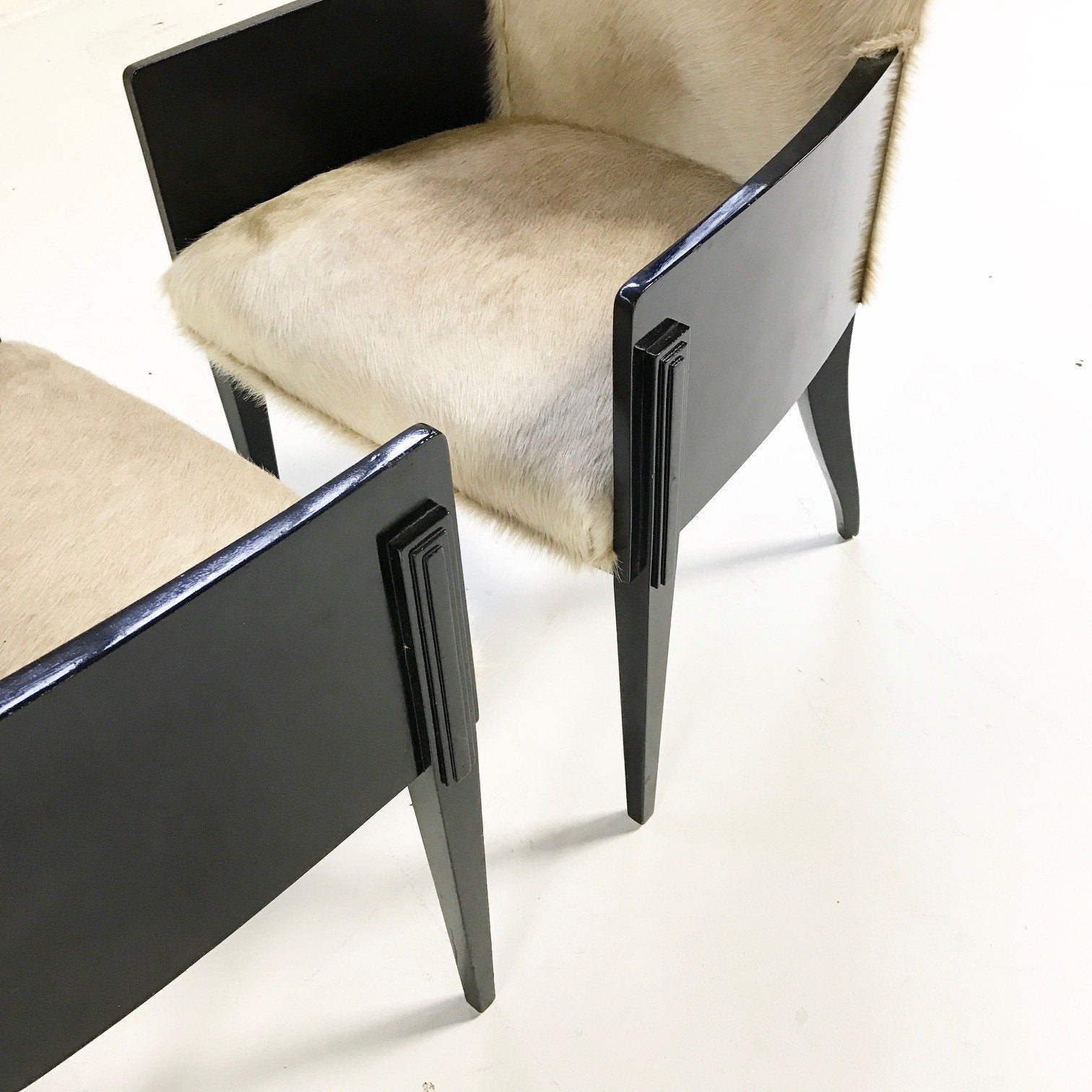 Pair of Art Deco Black Lacquered Chairs in Brazilian Cowhide