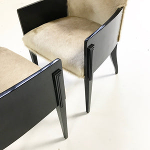 Pair of Art Deco Black Lacquered Chairs in Brazilian Cowhide