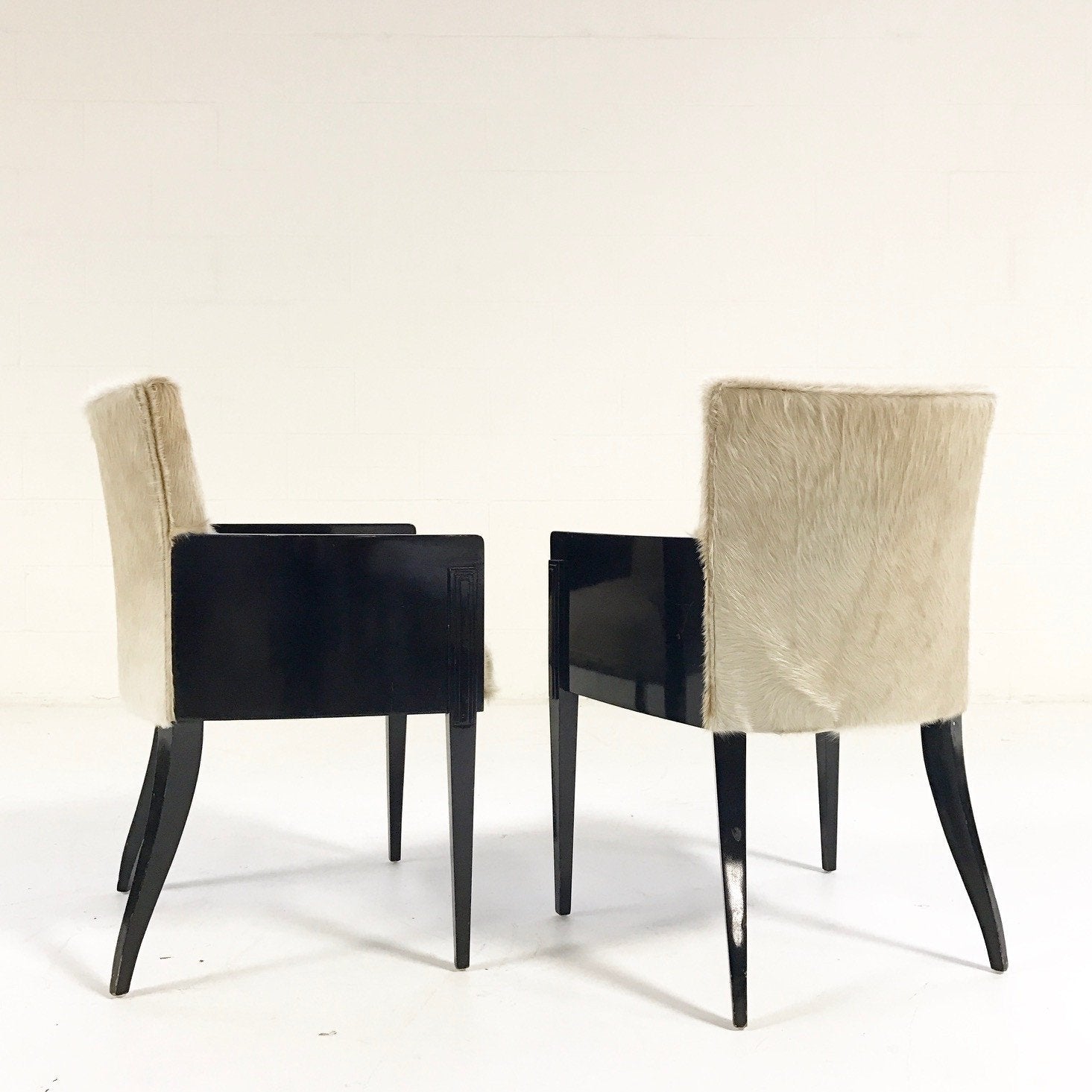 Pair of Art Deco Black Lacquered Chairs in Brazilian Cowhide