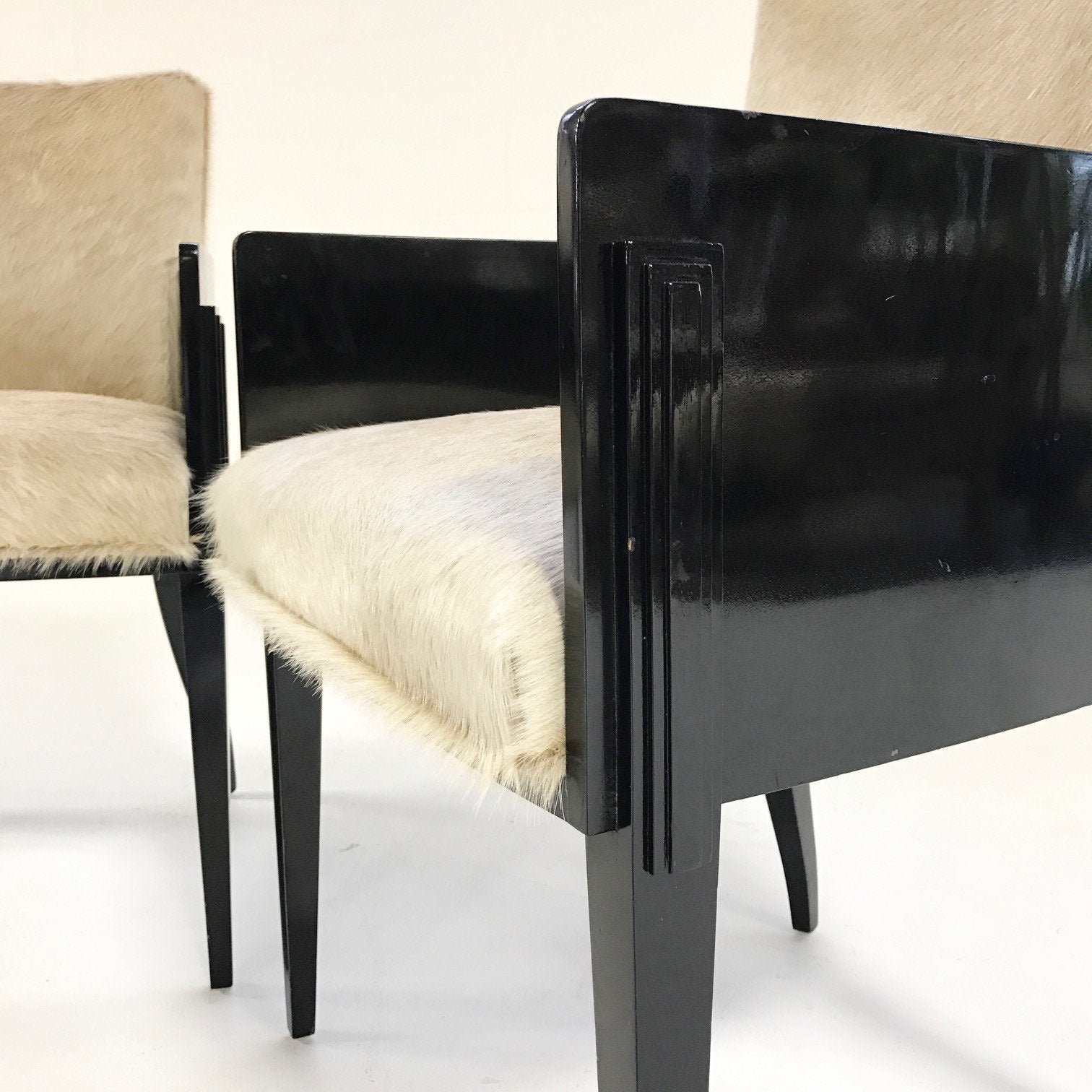 Pair of Art Deco Black Lacquered Chairs in Brazilian Cowhide