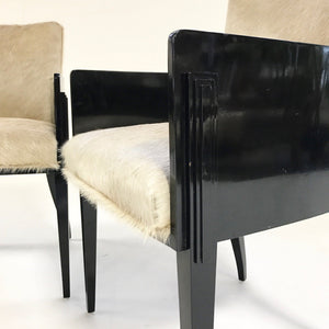 Pair of Art Deco Black Lacquered Chairs in Brazilian Cowhide