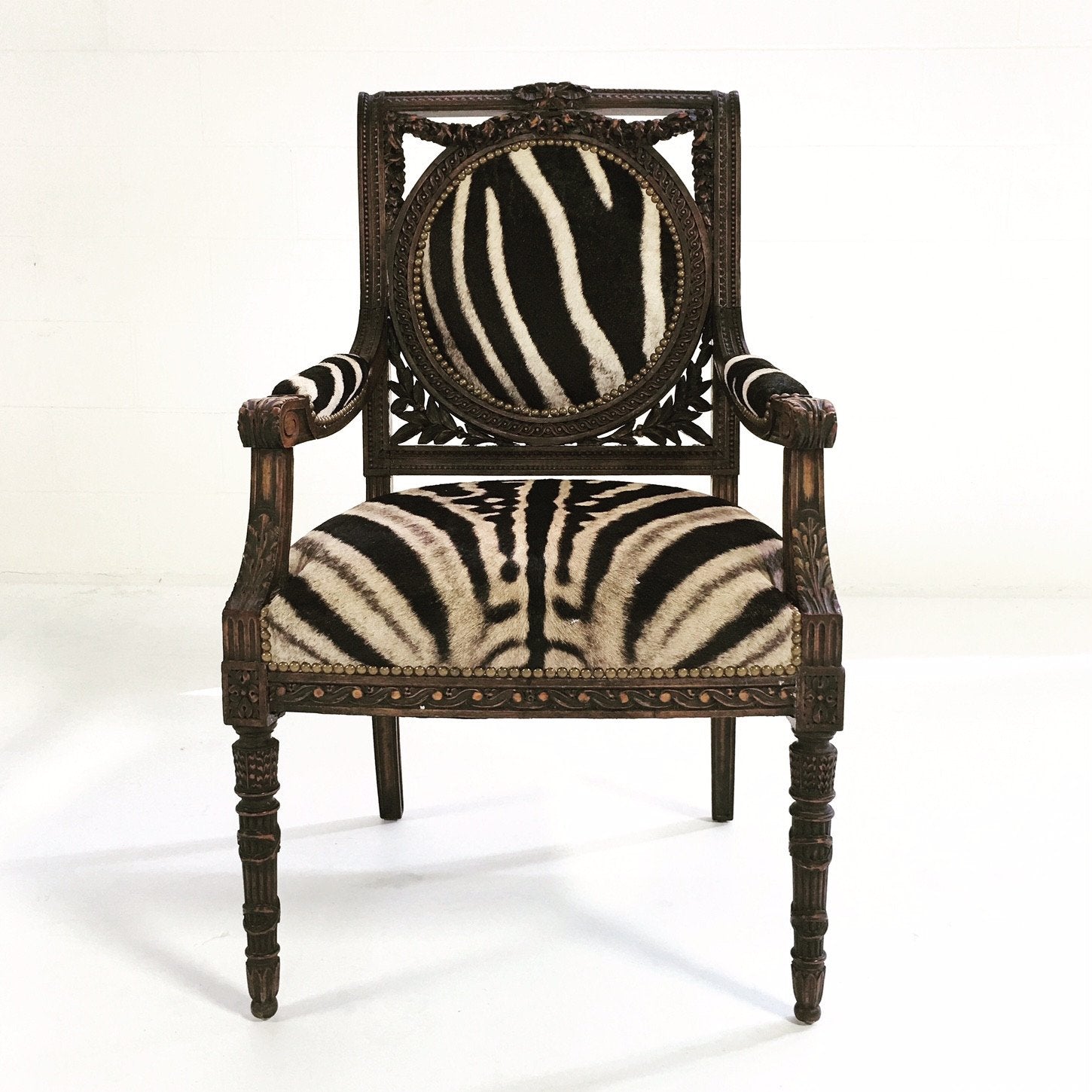CARVED FRENCH CHAIR IN ZEBRA HIDE