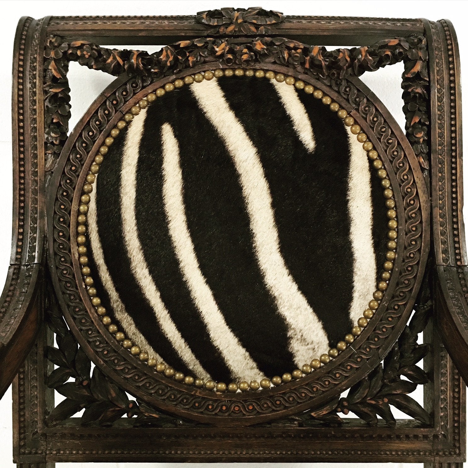 CARVED FRENCH CHAIR IN ZEBRA HIDE