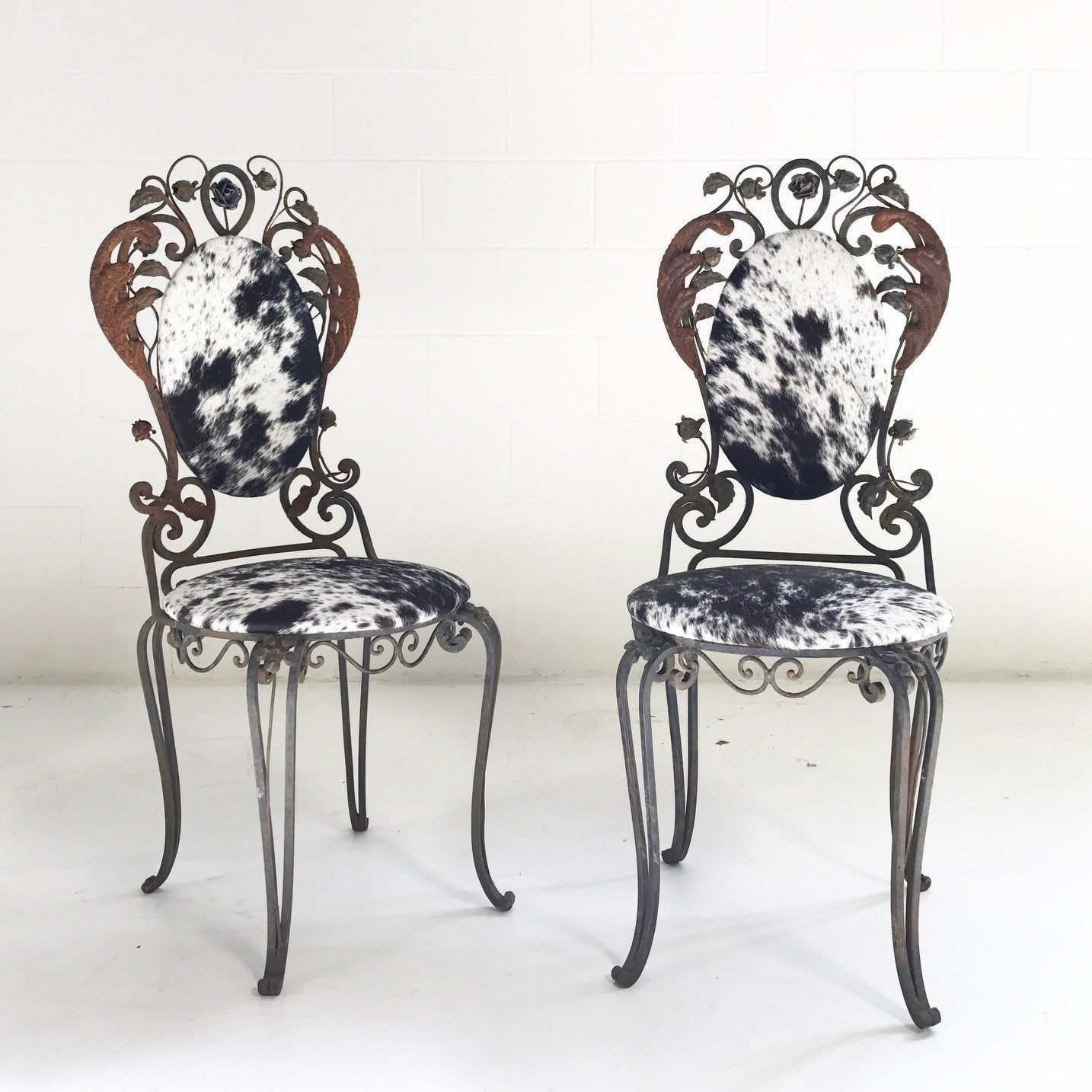 Iron Garden Chairs in Speckled Brazilian Cowhide - A Pair