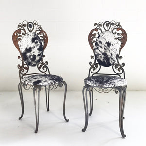 Iron Garden Chairs in Speckled Brazilian Cowhide - A Pair