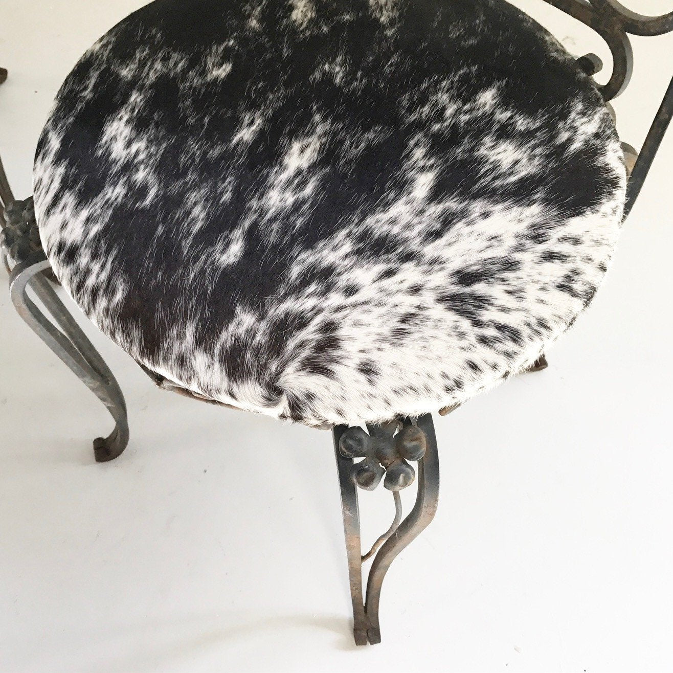 Iron Garden Chairs in Speckled Brazilian Cowhide - A Pair