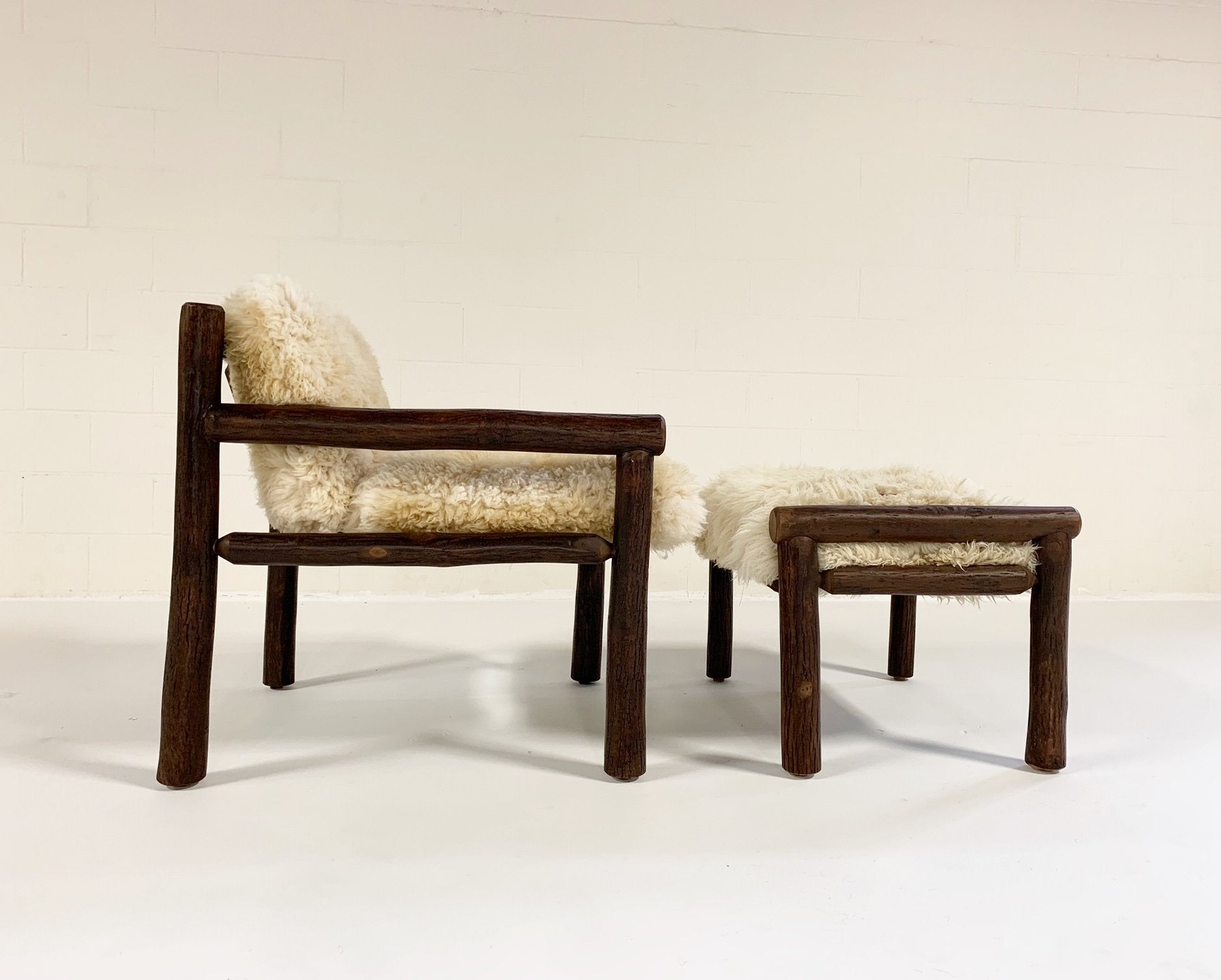 Forsyth x Old Hickory Butte Chair and Ottoman with California Sheepskin Cushions and Loro Piana Buffalo Leather