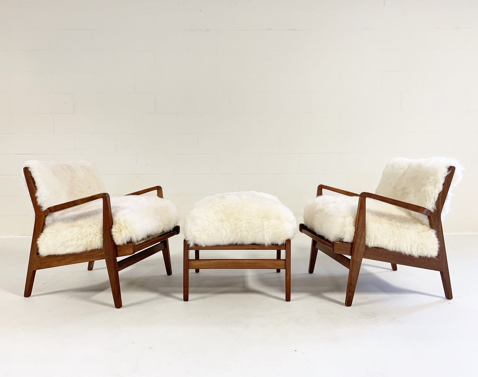 Jens Risom Lounge Chairs & Ottoman in Brazilian Sheepskin