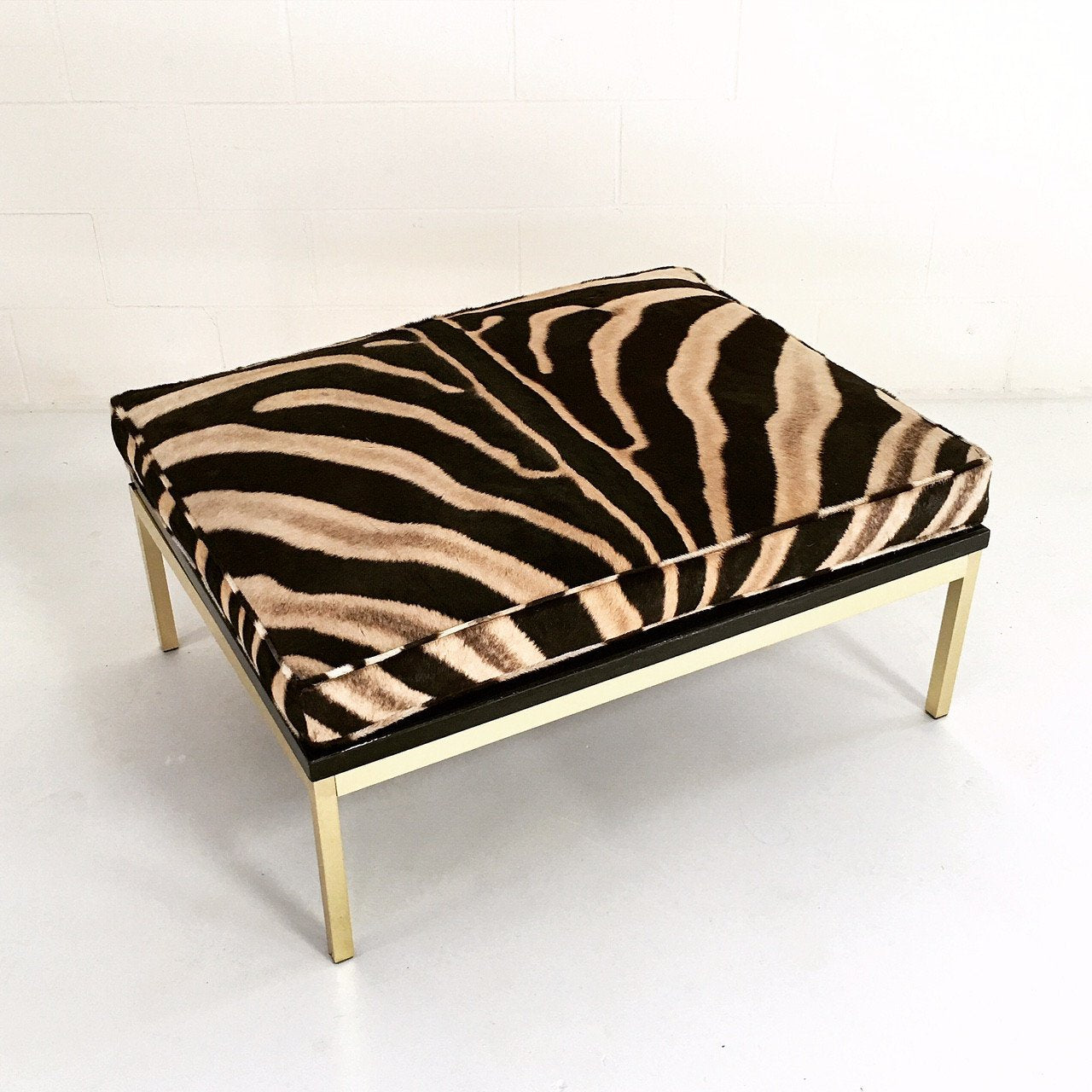 Knoll Style Zebra Hide and Brass Ottomans - Set of Two