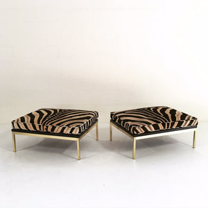 Knoll Style Zebra Hide and Brass Ottomans - Set of Two