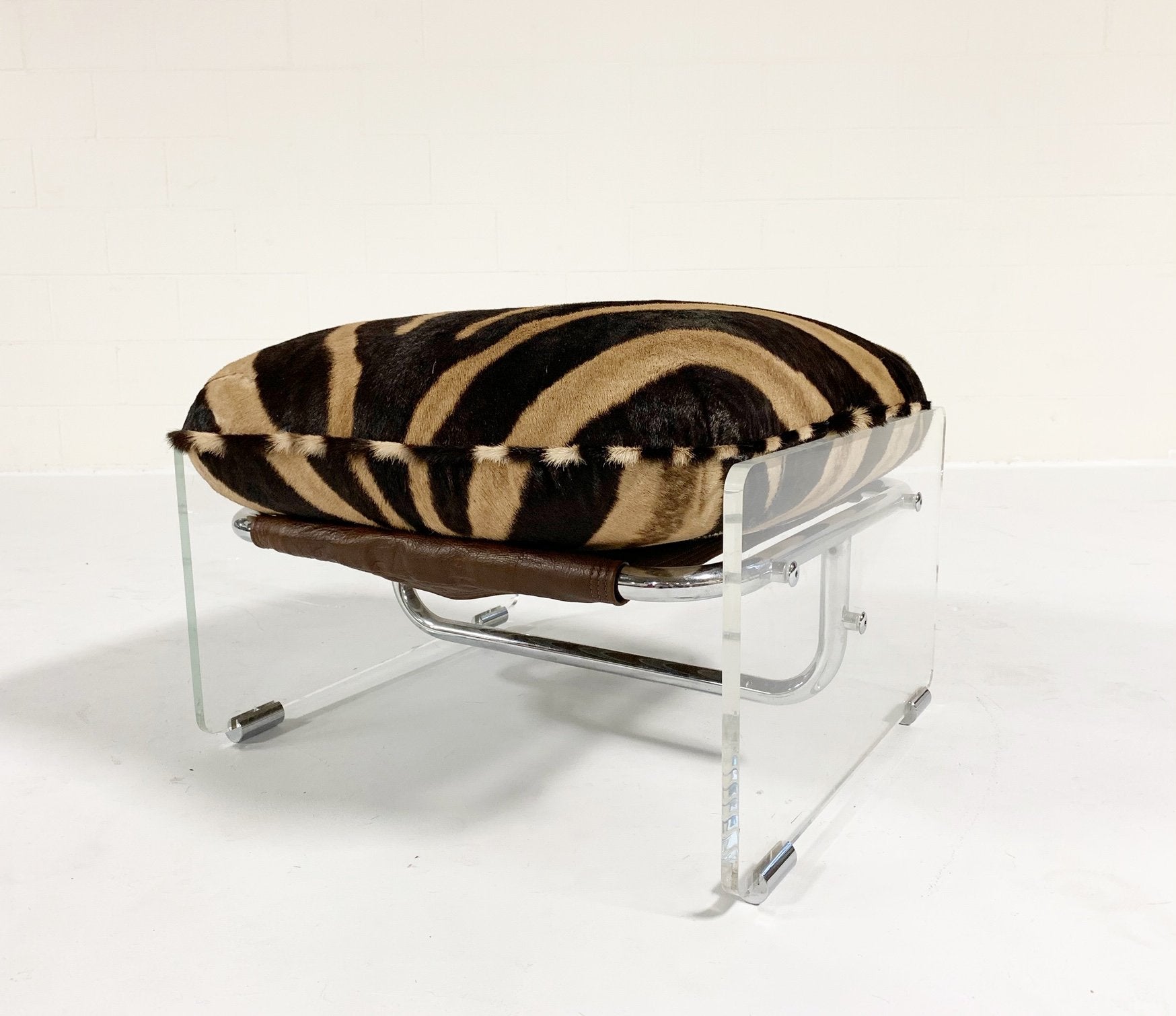 Pace Collection Argenta Lucite and Chrome Ottoman with Zebra Hide Cushion