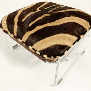 Pace Collection Argenta Lucite and Chrome Ottoman with Zebra Hide Cushion