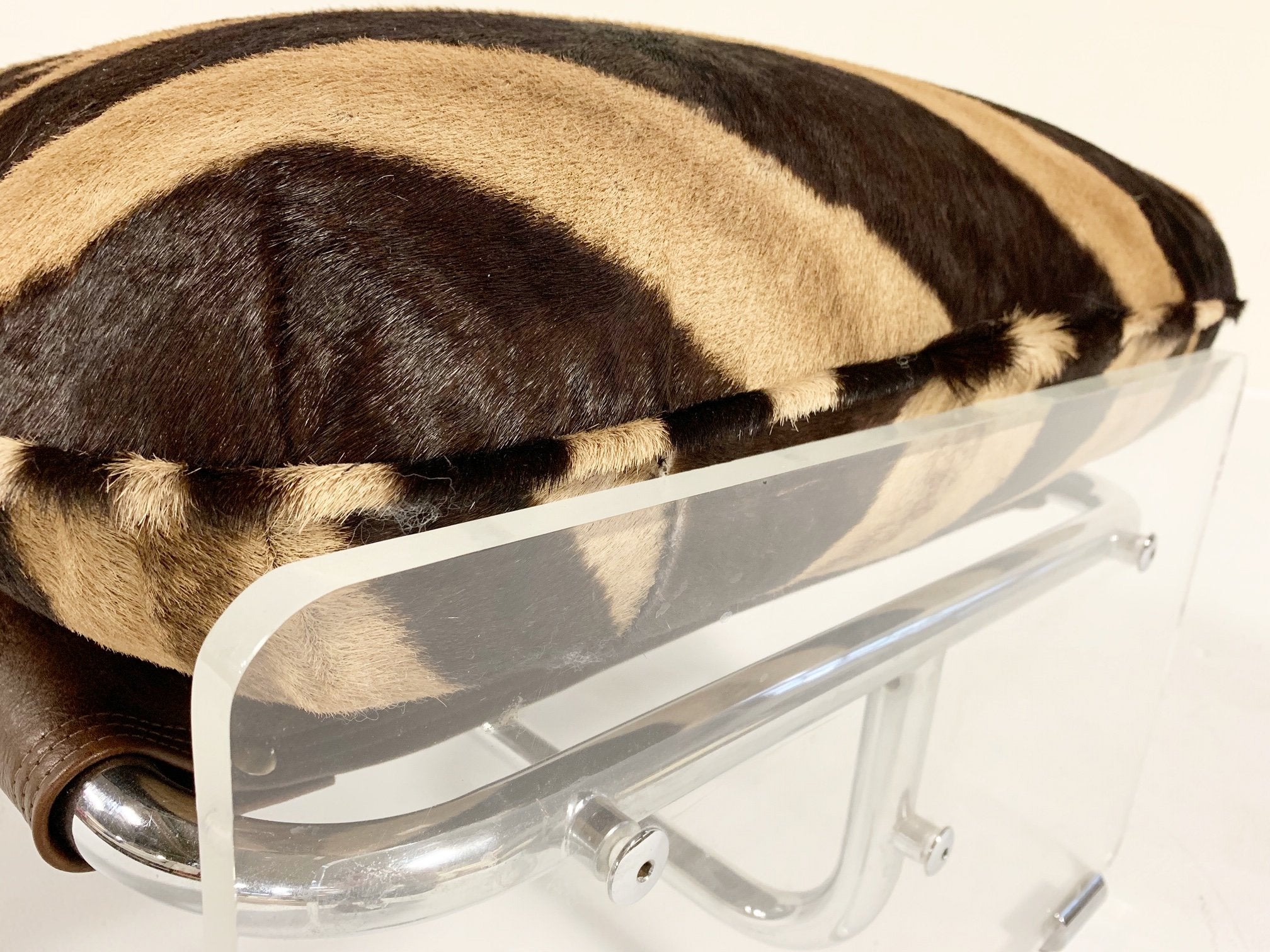 Pace Collection Argenta Lucite and Chrome Ottoman with Zebra Hide Cushion
