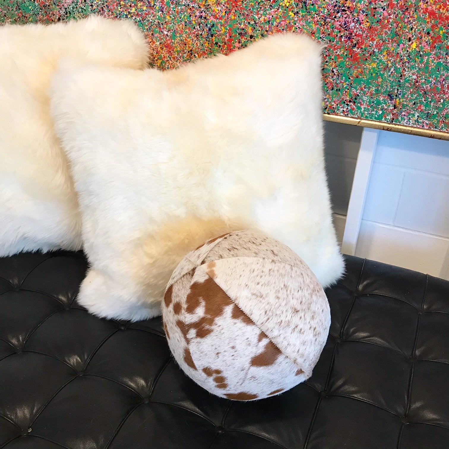 Brown & White Speckled Cowhide Ball Pillow 12"