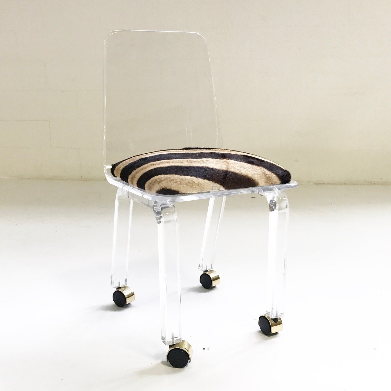 Lucite Desk Chair on Wheels in Zebra Hide