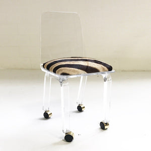 Lucite Desk Chair on Wheels in Zebra Hide