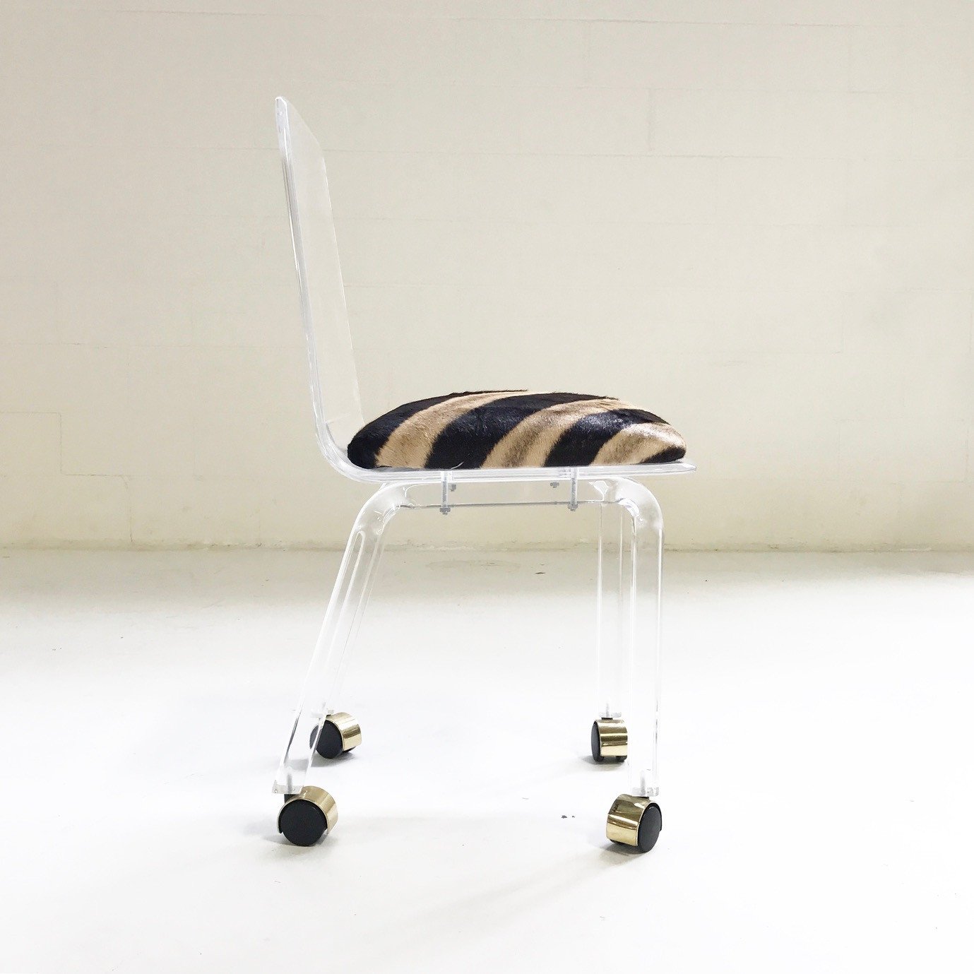 Lucite Desk Chair on Wheels in Zebra Hide