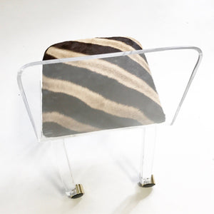 Lucite Desk Chair on Wheels in Zebra Hide