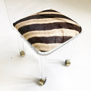 Lucite Desk Chair on Wheels in Zebra Hide