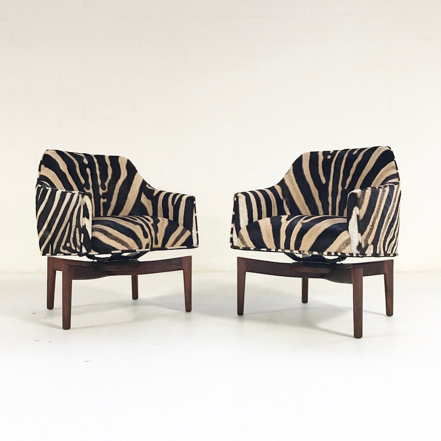Jens Risom Walnut Base Swivel Chairs in Zebra Hide