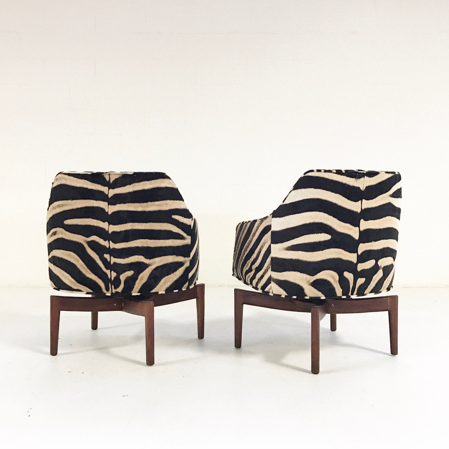 Jens Risom Walnut Base Swivel Chairs in Zebra Hide