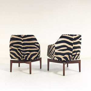 Jens Risom Walnut Base Swivel Chairs in Zebra Hide