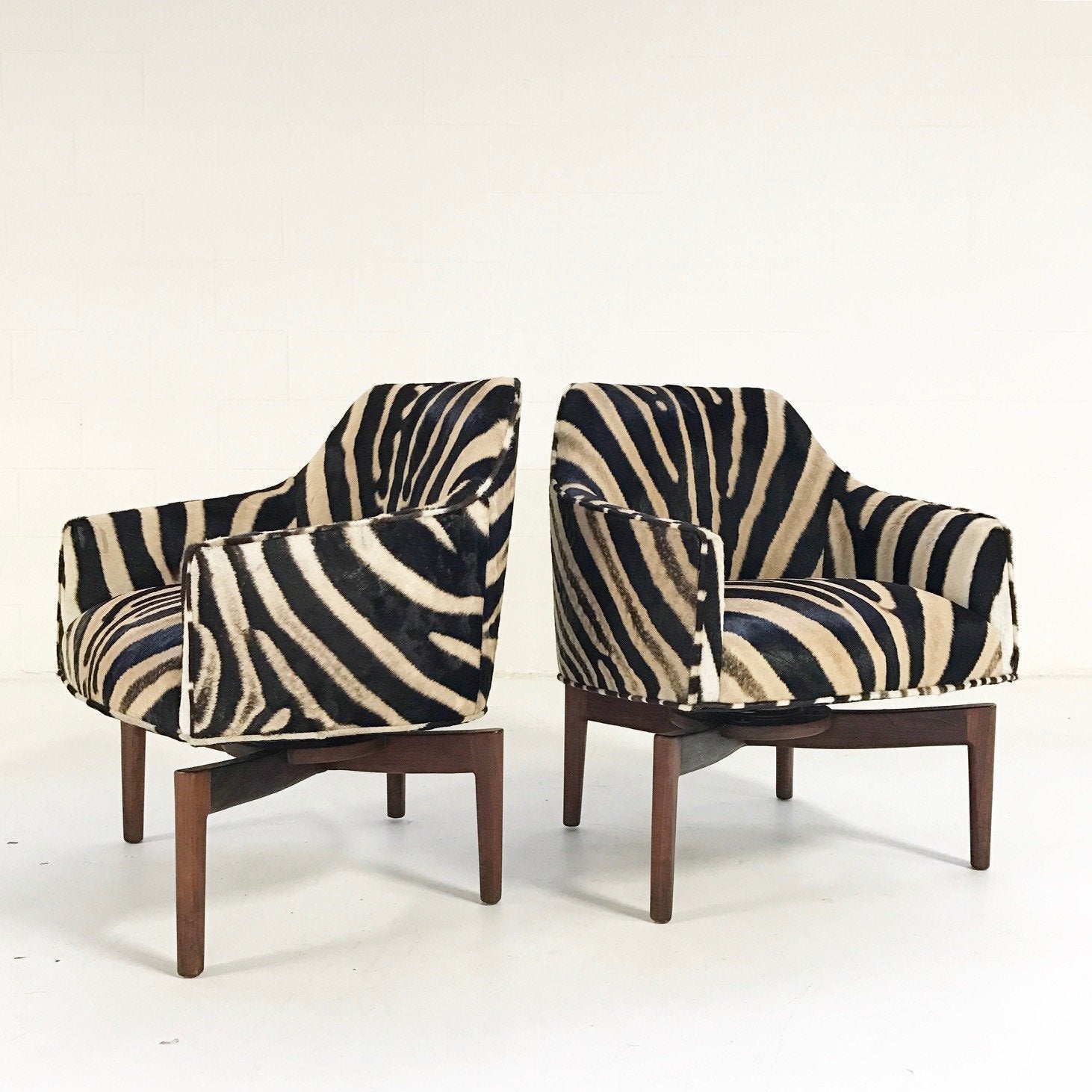 Jens Risom Walnut Base Swivel Chairs in Zebra Hide