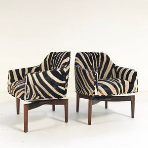 Jens Risom Walnut Base Swivel Chairs in Zebra Hide
