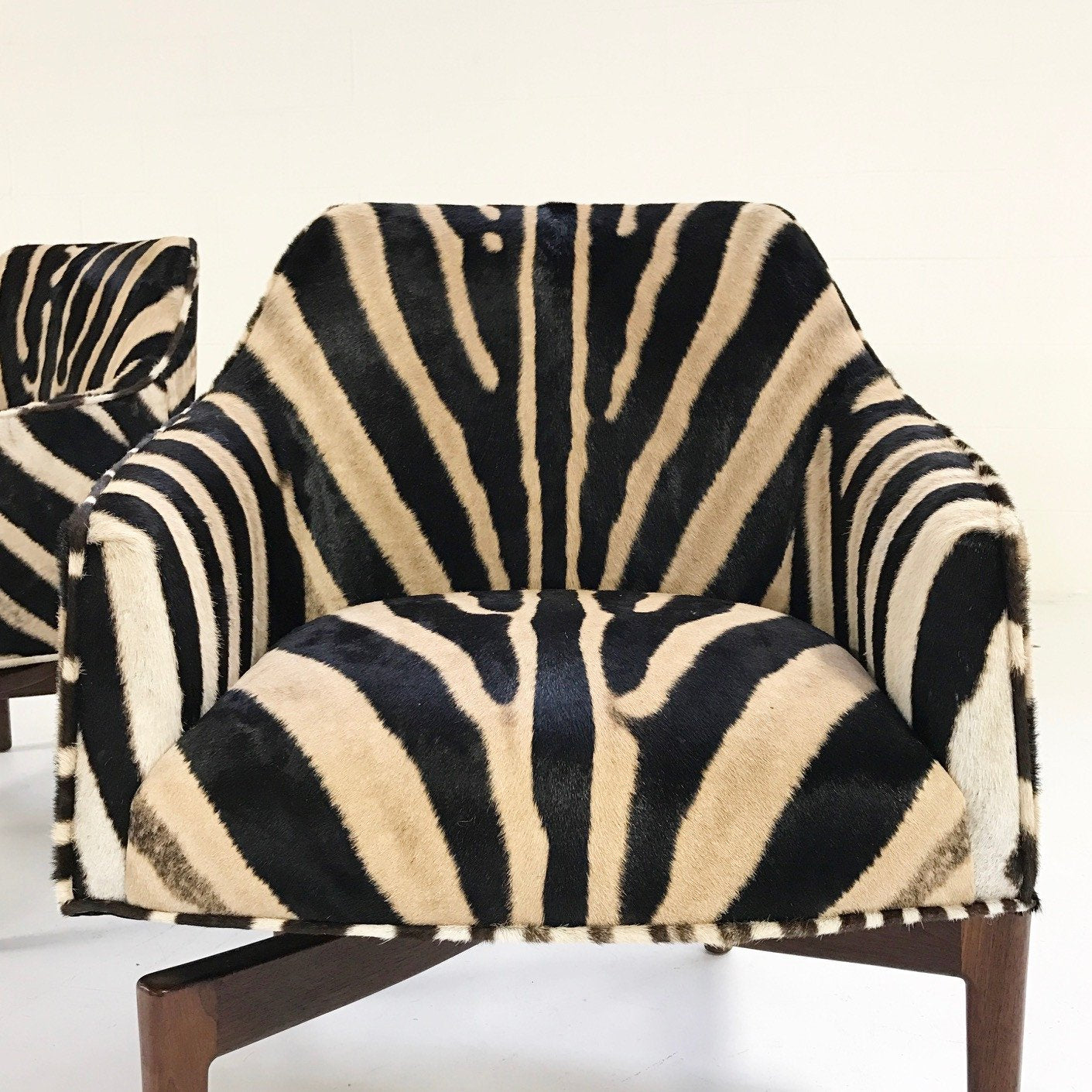 Jens Risom Walnut Base Swivel Chairs in Zebra Hide