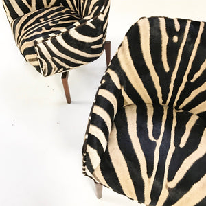 Jens Risom Walnut Base Swivel Chairs in Zebra Hide