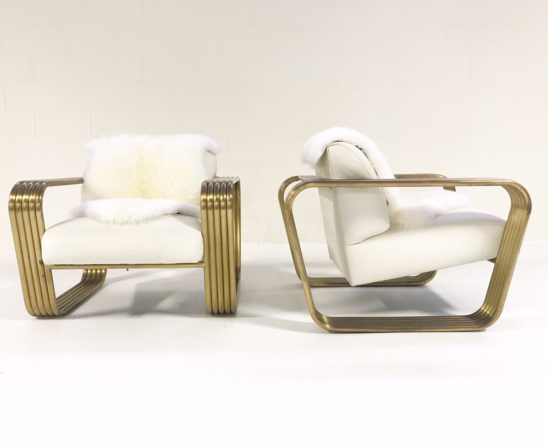 c. 1975 Jay Spectre Lounge Chairs with New Zealand Sheepskin Throws
