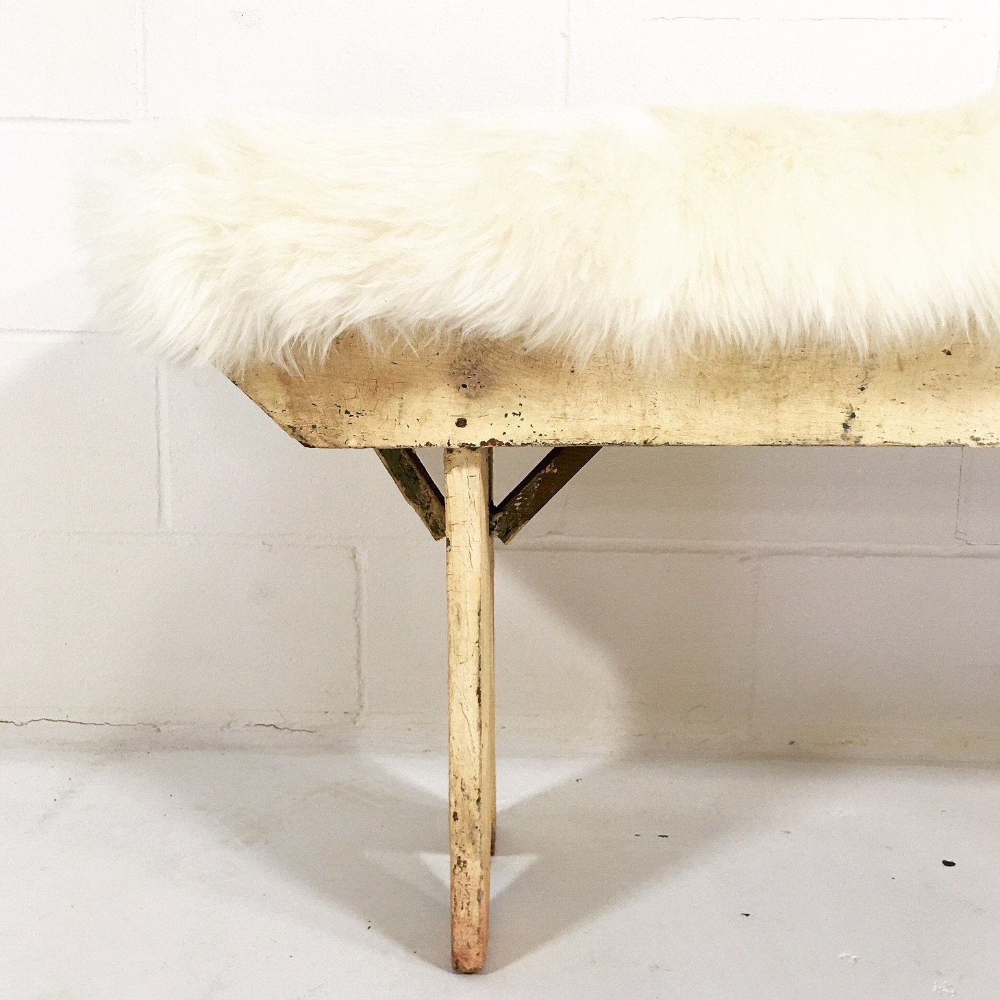 VINTAGE WALNUT FARMHOUSE BENCH WITH SHEEPSKIN CUSHION