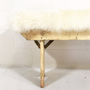 VINTAGE WALNUT FARMHOUSE BENCH WITH SHEEPSKIN CUSHION