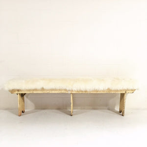 VINTAGE WALNUT FARMHOUSE BENCH WITH SHEEPSKIN CUSHION