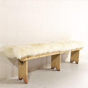 VINTAGE WALNUT FARMHOUSE BENCH WITH SHEEPSKIN CUSHION