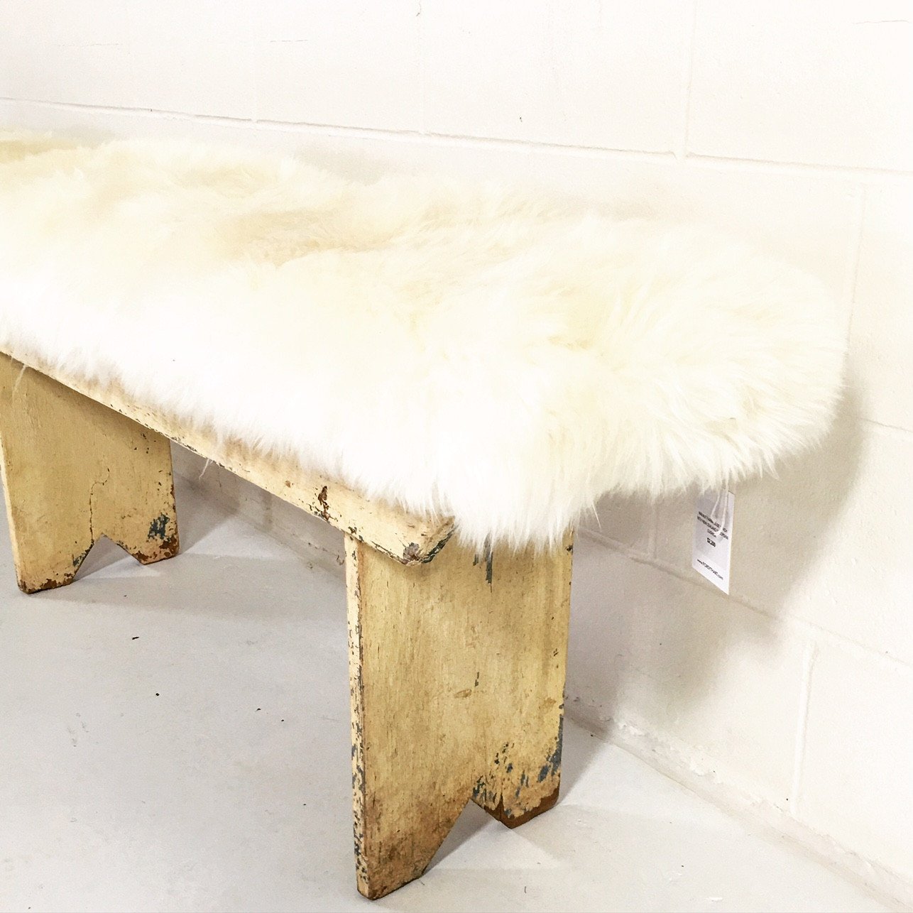 VINTAGE WALNUT FARMHOUSE BENCH WITH SHEEPSKIN CUSHION