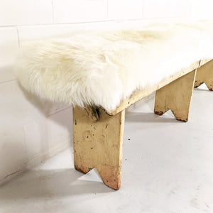 VINTAGE WALNUT FARMHOUSE BENCH WITH SHEEPSKIN CUSHION