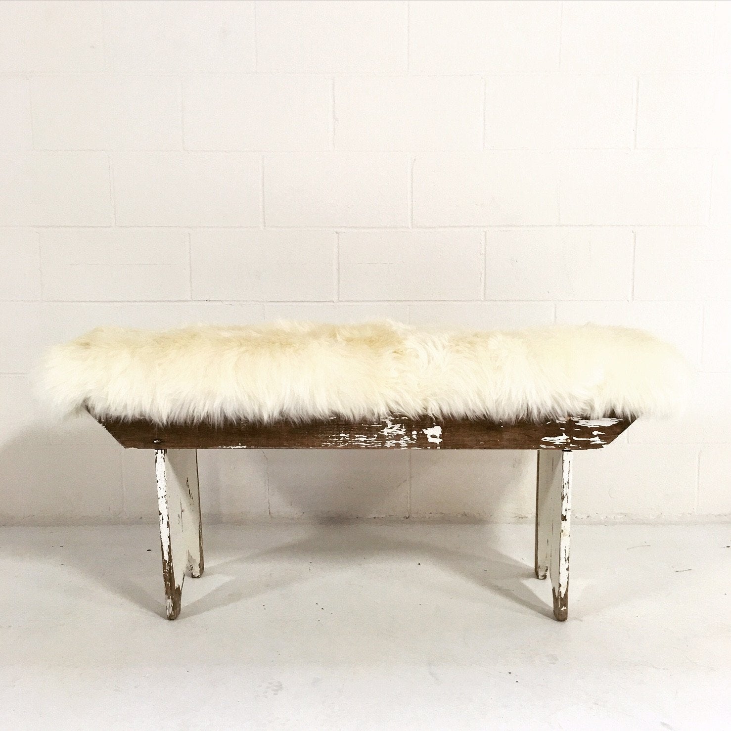 VINTAGE WHITE PINE FARMHOUSE BENCH WITH SHEEPSKIN CUSHION