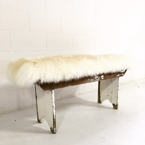 VINTAGE WHITE PINE FARMHOUSE BENCH WITH SHEEPSKIN CUSHION
