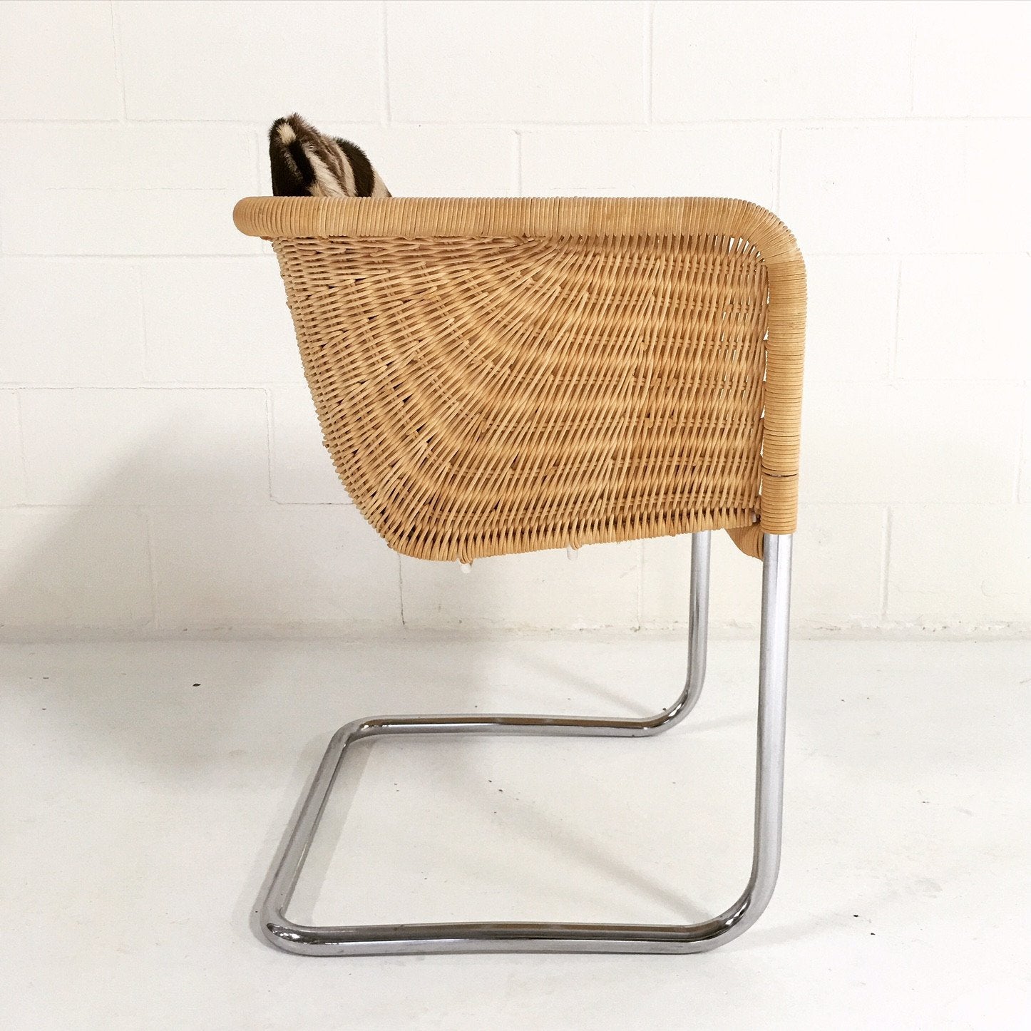 HARVEY PROBBER WICKER AND CHROME CHAIR WITH ZEBRA CUSHIONs